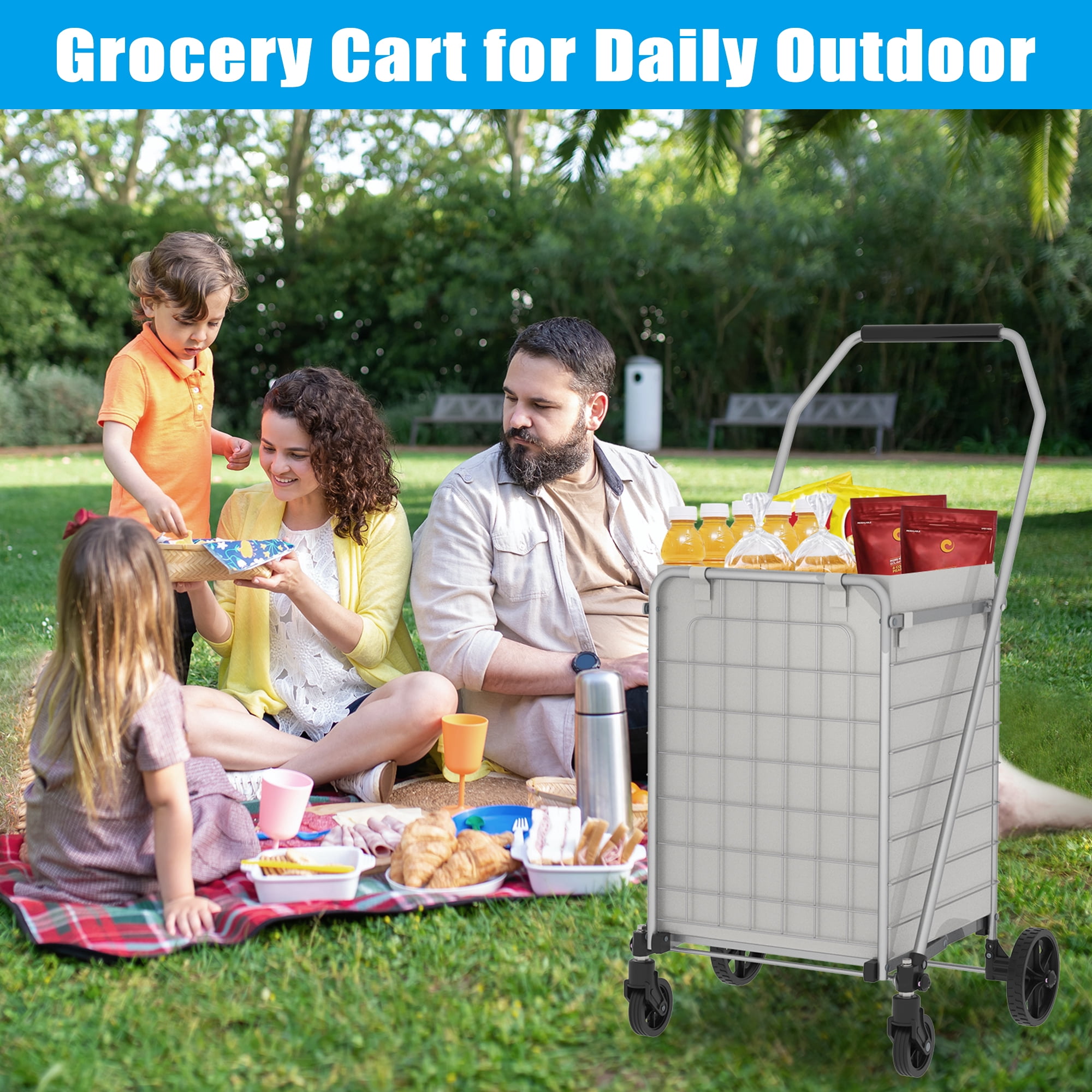 Yoneston Folding Shopping Cart with Wheels, 200 LBS Heavy Duty Grocery Cart, Collapsible Utility Cart for Laundry, Groceries, Travel, Grey