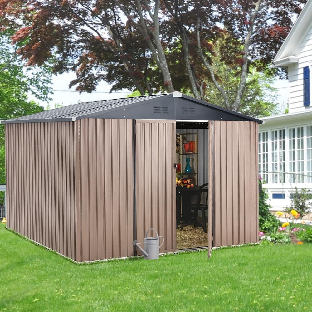 YODOLLA 10' x 8' Outdoor Metal Storage Shed in Brown Patio Storage Building with Lockable Door for Garden, Backyard