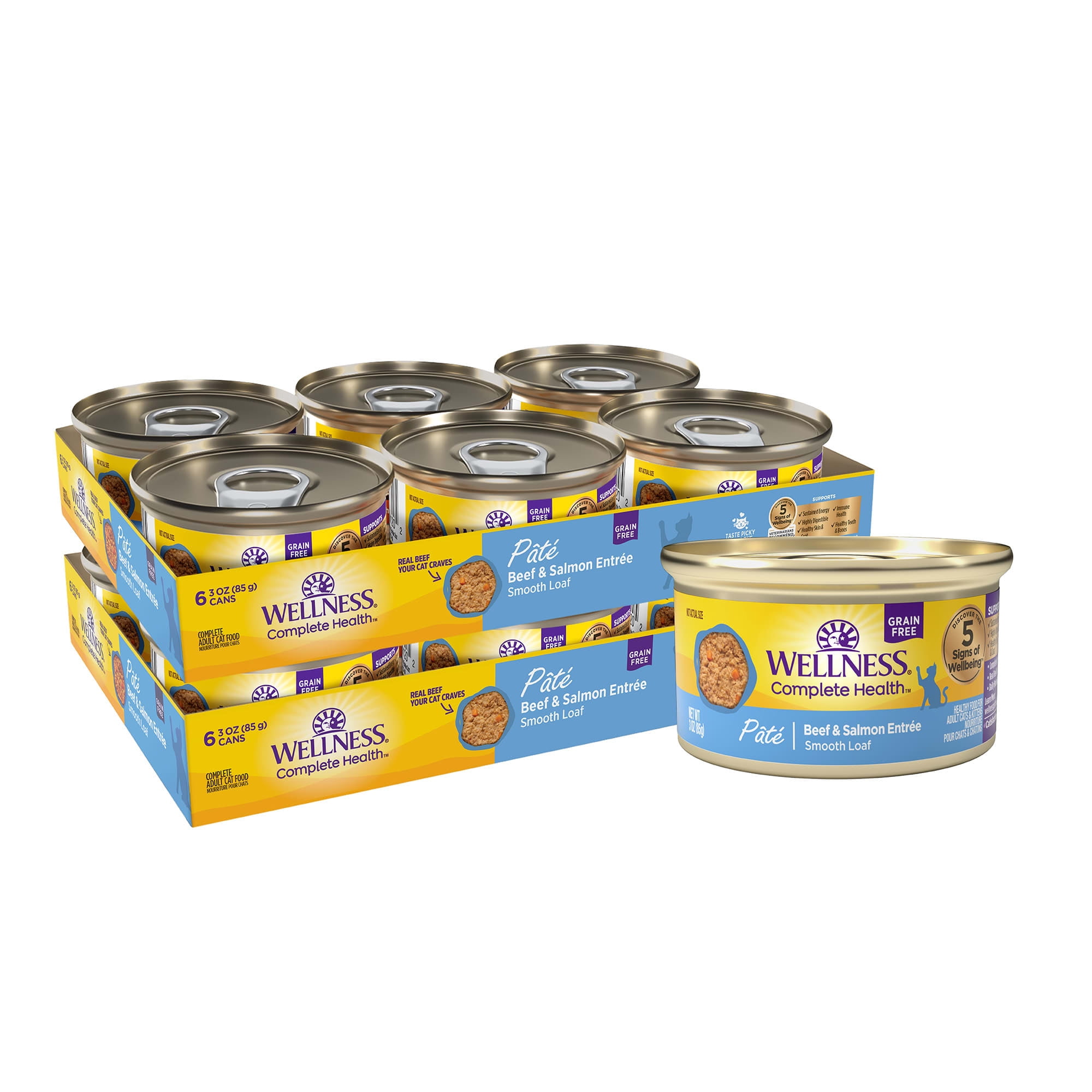 Wellness Complete Health Beef & Salmon Natural, Protein-Rich, Grain Free Pate Adult Wet Cat Food, 3 oz., Case of 12