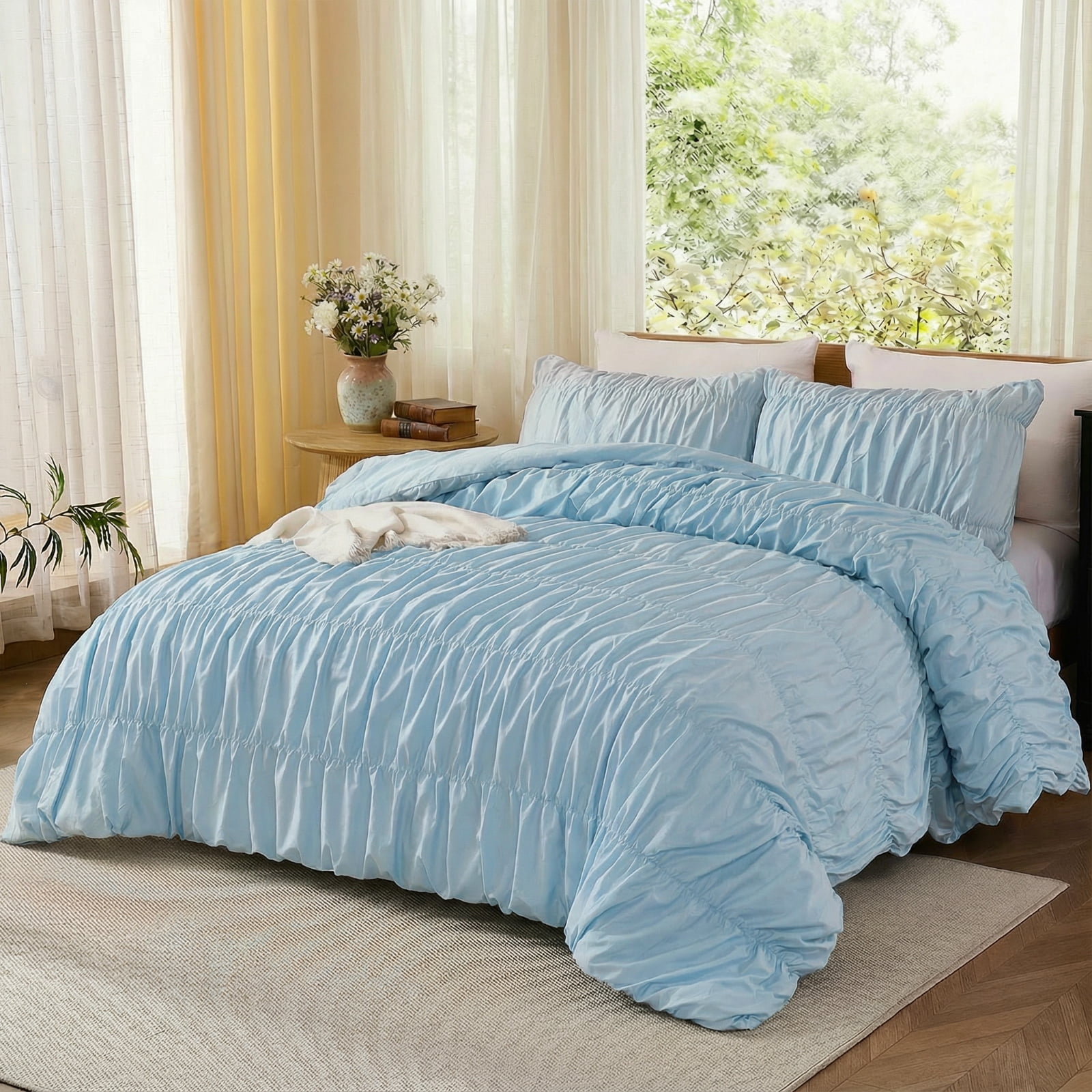 100% Cotton Blue Wrinkle Duvet Cover Set Queen Size,Ruched Bedding Comforter Cover,Shabby Chic Ruffled 3 Pcs Queen Duvet Cover Set,Bohemian Boho Bedding Set with Zipper 1 Duvet  Cover 2 Pillowcases