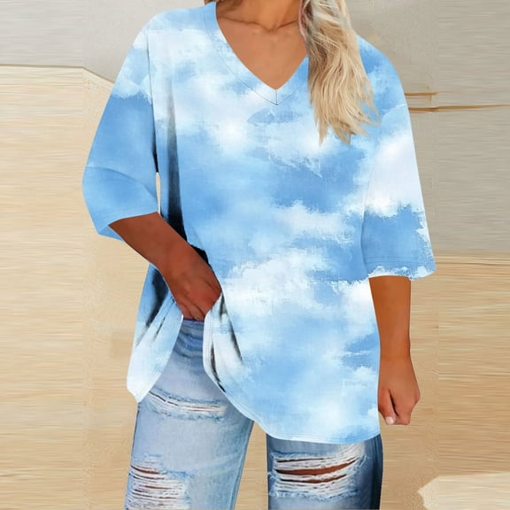 ICHUANYI Womens Plus Size Gradient Print Tops 3/4 Sleeve V Neck T Shirts Loose Fit Three Quarter Length Blouses Dressy Casual Tunic Tops