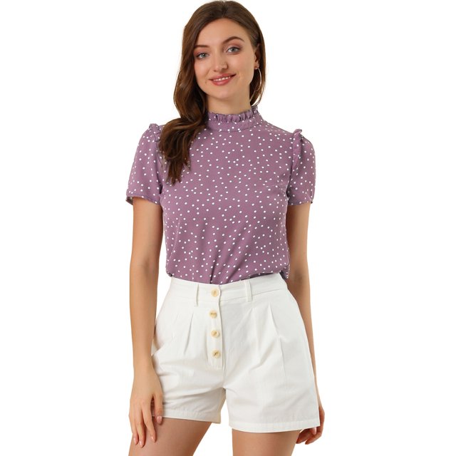 INSPIRE CHIC Blusa Tops De Lunares Volante Fruncido Manga Corta Cuello Alto Para Mujeres Morado XS