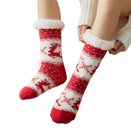 

1 Pair Floor Socks Mid-calf Sherpa Lining Stretchy Soft Christmas Reindeer Pattern Feet Protection Non-slip Winter Thermal Women Indoor Home Slipper Sleeping Socks for Home Red
