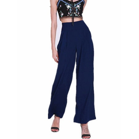 - Womens Chiffon High Waist Zip Up Solid Wide Leg Pants Trousers