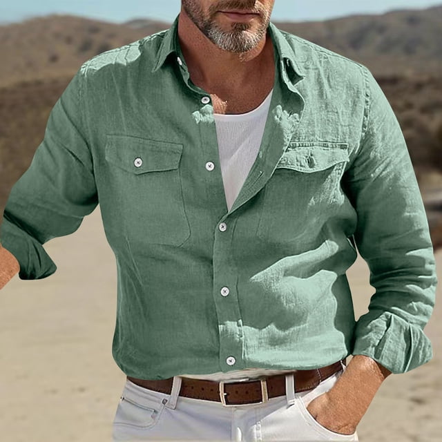 pstuiky camisetas de manga larga para hombre, Camisa/top de manga larga con solapa de lino y color liso para hombre camisetas de hombre xxxl