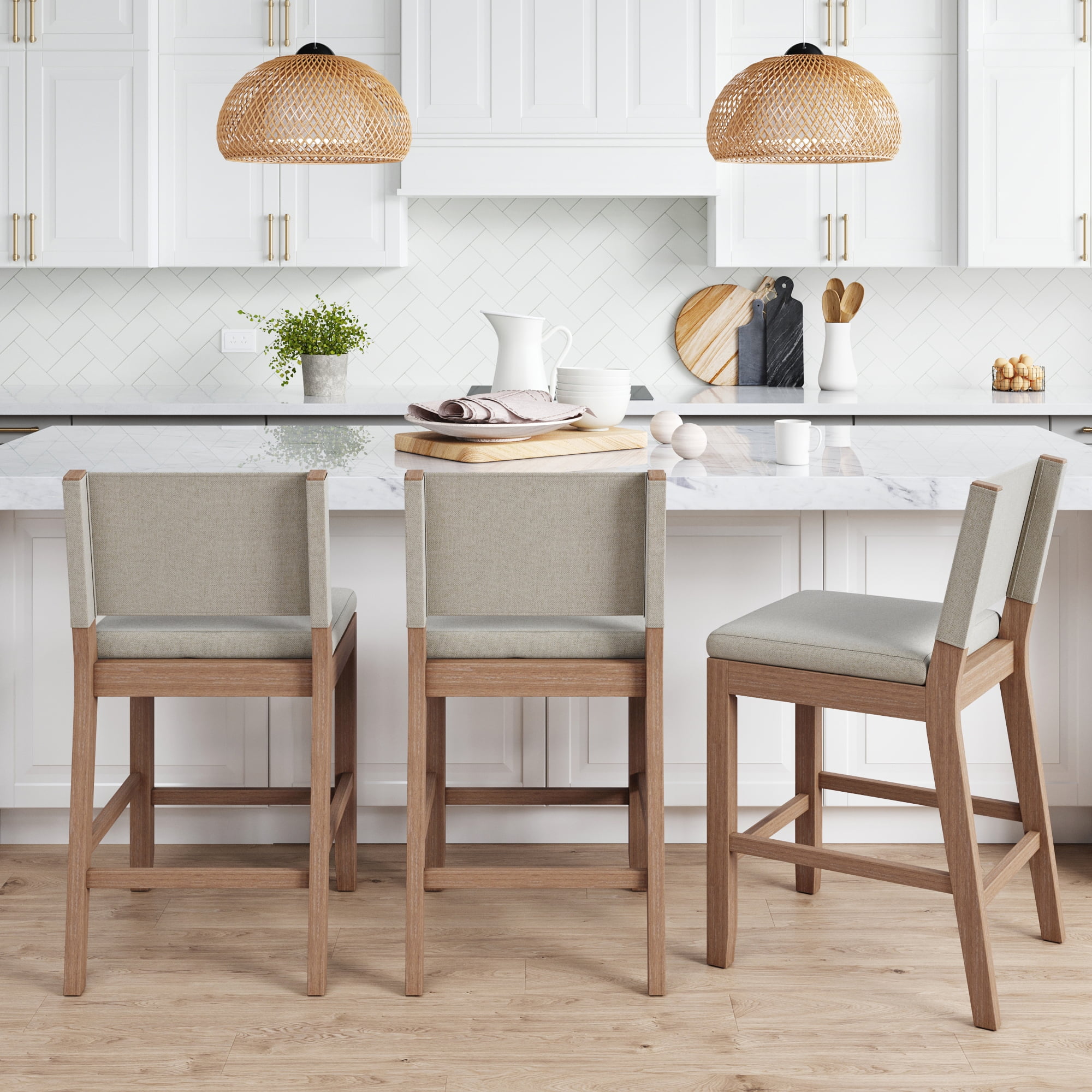 Nathan James Linus Modern Upholstered Counter Height Bar Stool with Back and Solid Rubberwood Legs in a Wire-Brushed Grey Finish, Natural Flax/Brown