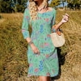 thumbnail image 3 of Mint Green Floral Textile Design Women's 3/4 Sleeve Dresses Elegant A-Line Midi Dress Flare Summer Casual Sundress, 3 of 9