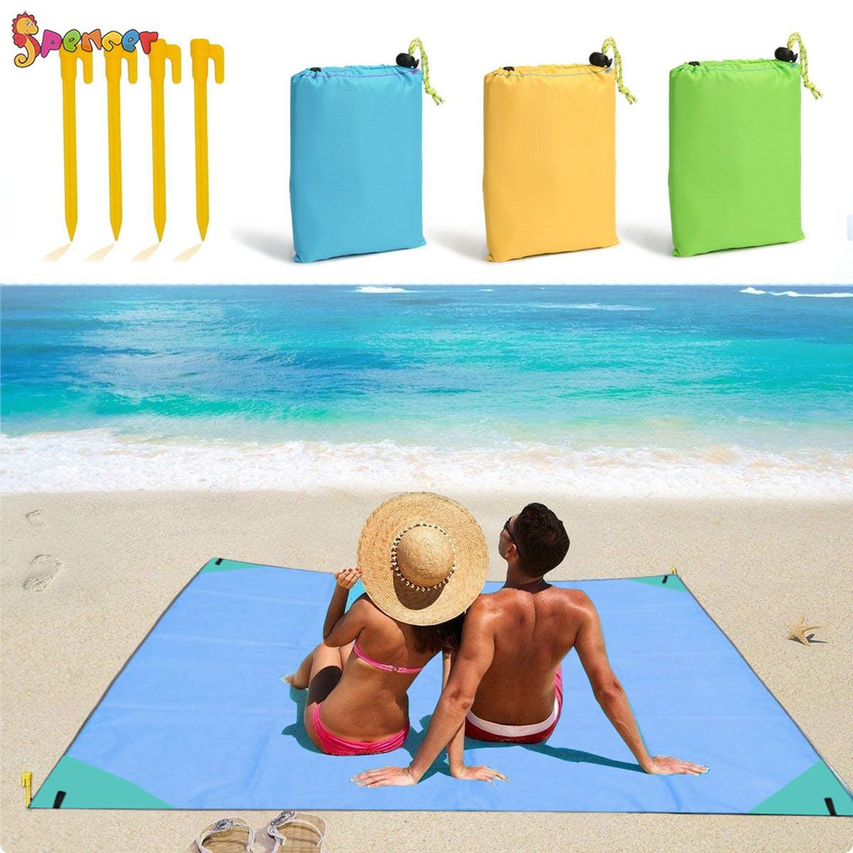 Sand and Waterproof for Outdoor Travel Compact Beach Mat for Camping Durable Nylon Design Foldable Pocket Blanket Metal Stakes Included Picnic or Festival Use Hiking