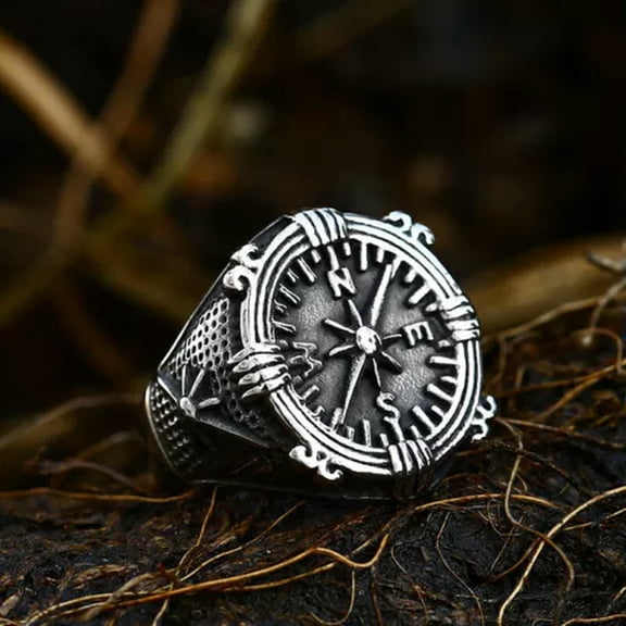 HOOUN Vintage Northern Pirate Viking Compass Ring Stainless Steel Marine Amulet Ring-8