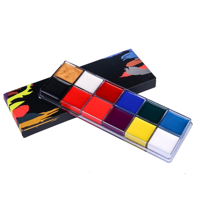Riforla Halloween 12 Color Body Painted Oil Color Drama Clown Makeup Face Color Body Paint Multicolor. This palette includes 12 oil-based colors such as gold, black, white, red, blue, green, and yellow, housed in a transparent rectangular case. The outer box features a colorful artistic design, ideal for face and body painting, Halloween makeup, and special effects.