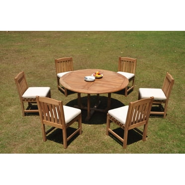 Grade-A Teak Dining Set: 6 Seater 7 Pc: 60" Round Table And 6 Devon Armless Chairs Outdoor Patio WholesaleTeak #WMDV76