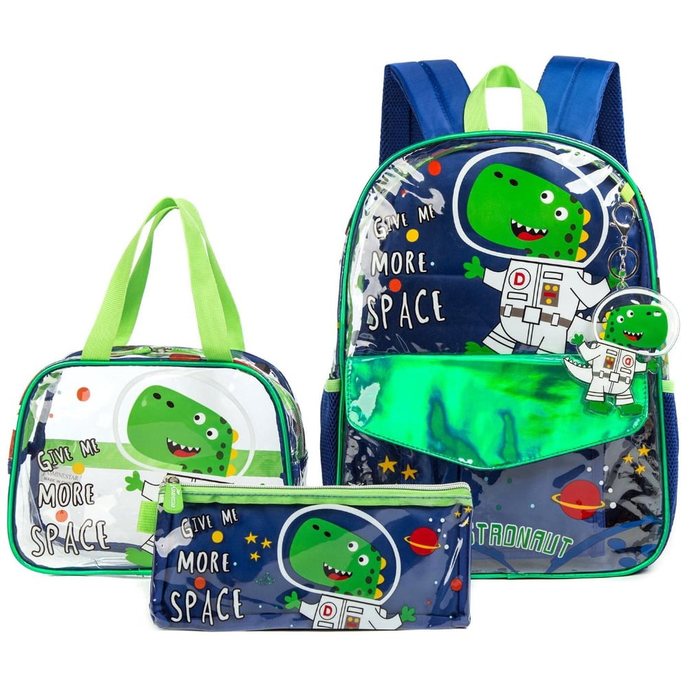 Mochila Escolar Con Cartuchera Ticher Dinosaurio Azul | Cuotas Sin Interés