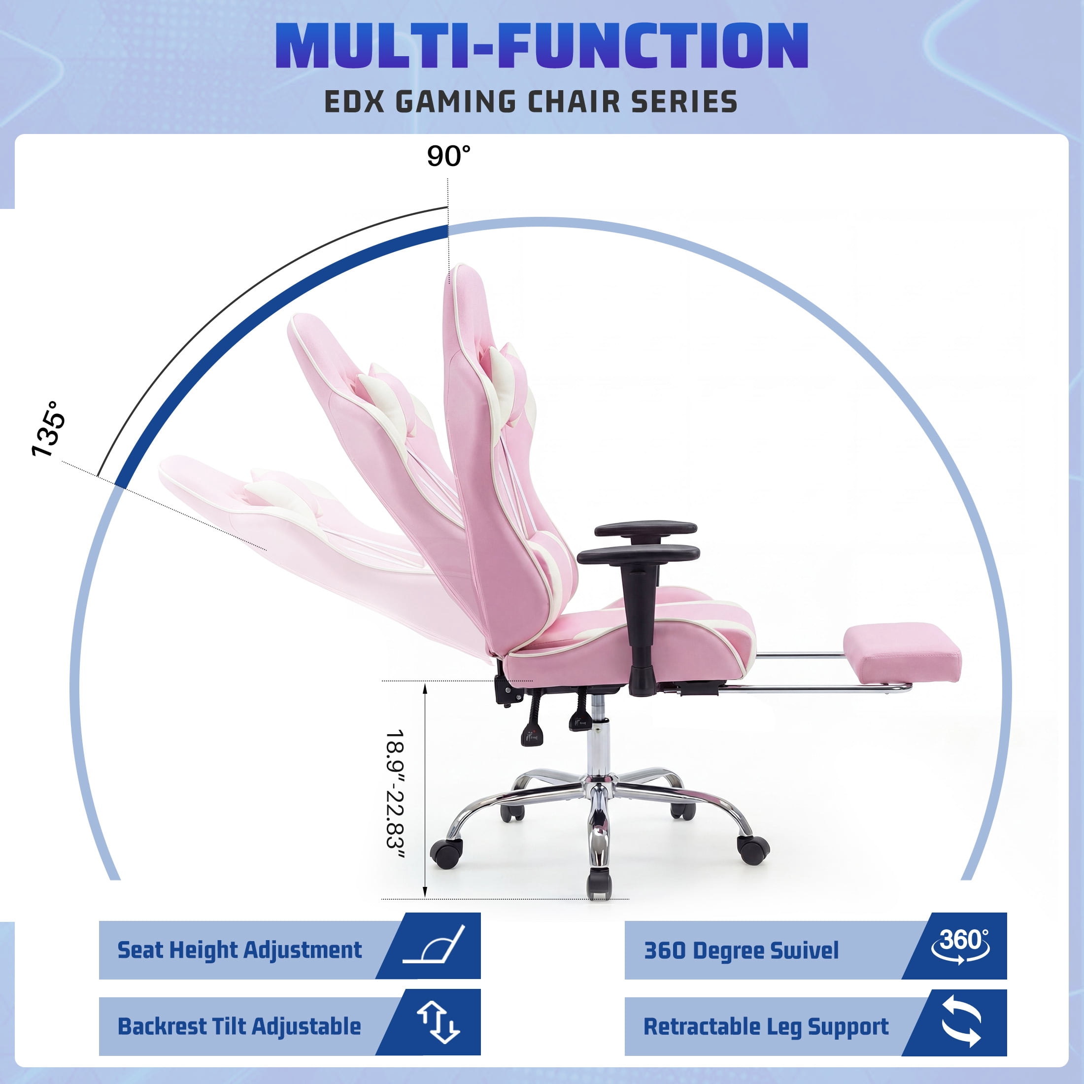 Gianna Ergonomic Gaming Chair, Adjustable Height with 360° Swivel, Flip-Up Armrests, Headrest & Lumbar Cushion Included, Pink