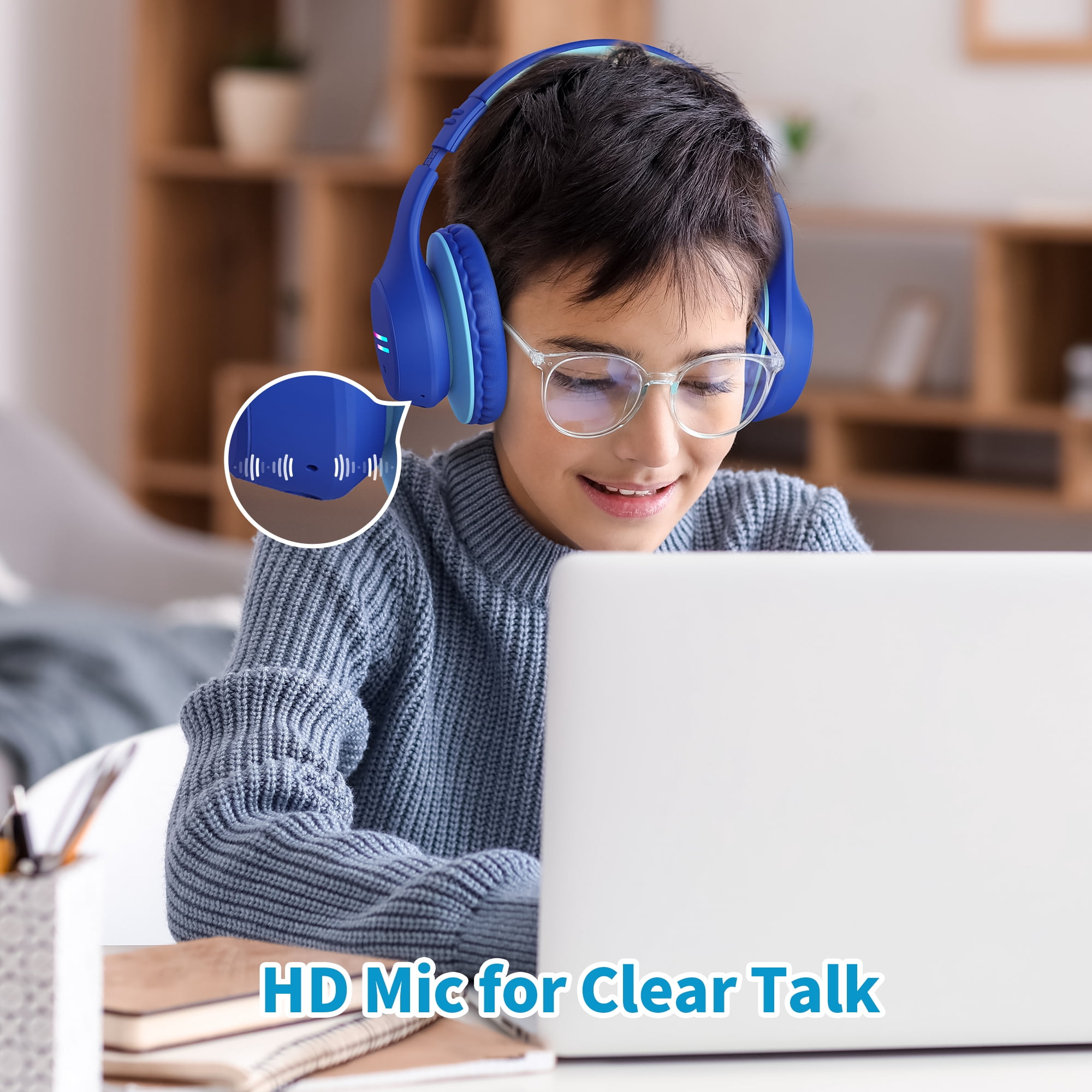 Mpow Kids Headphones Wireless, Kids Headsets with Microphones & Colorful LED Lights, 74/85/94dB Safe Volume, 90H Playtime, Fast Charging, Over Ear Toddler Headphones for School/Tablet/Airplane,Blue