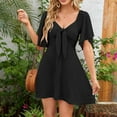 thumbnail image 5 of qucoqpe Womens Summer Mini Dress Sexy V Neck Short Sleeve Bow Fold Retract Waist Sun Dress Casual Pleated Ruffle Flowy Dress Beach Dress, 5 of 5