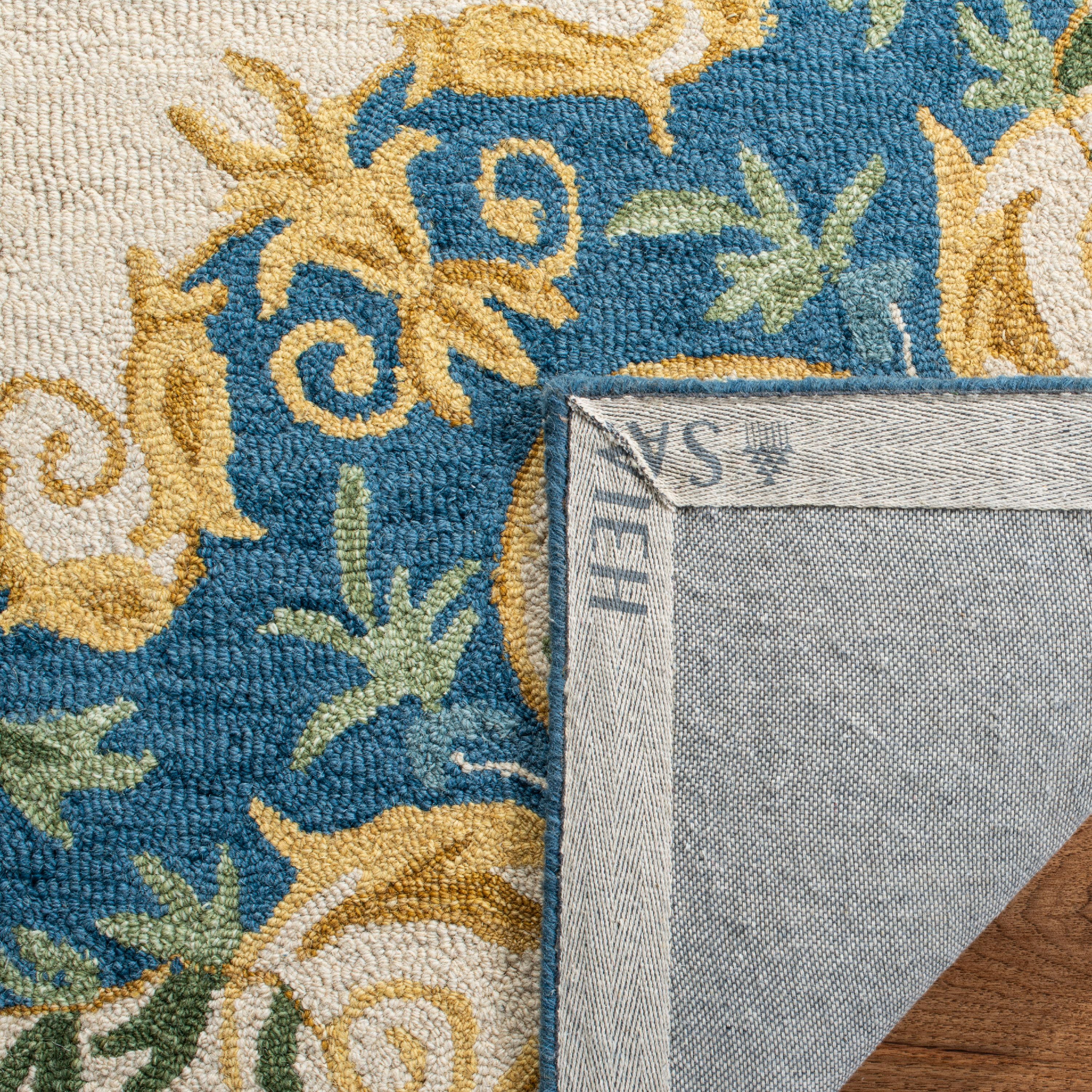 SAFAVIEH Micro-Loop Ibrahim Floral Bordered Wool Area Rug, Cream/Blue, 5' x 5' Square
