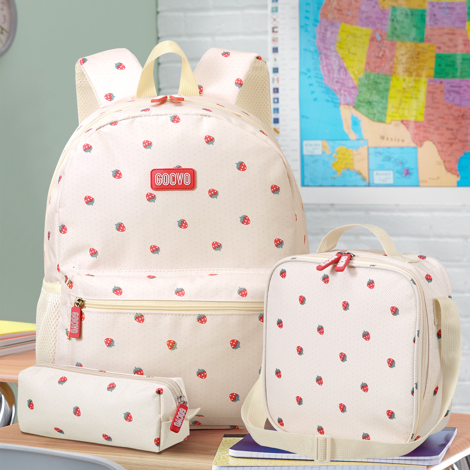 Mochila para niñas, impermeable para adolescentes, linda mochila escolar, estampado de fresa en beige 8