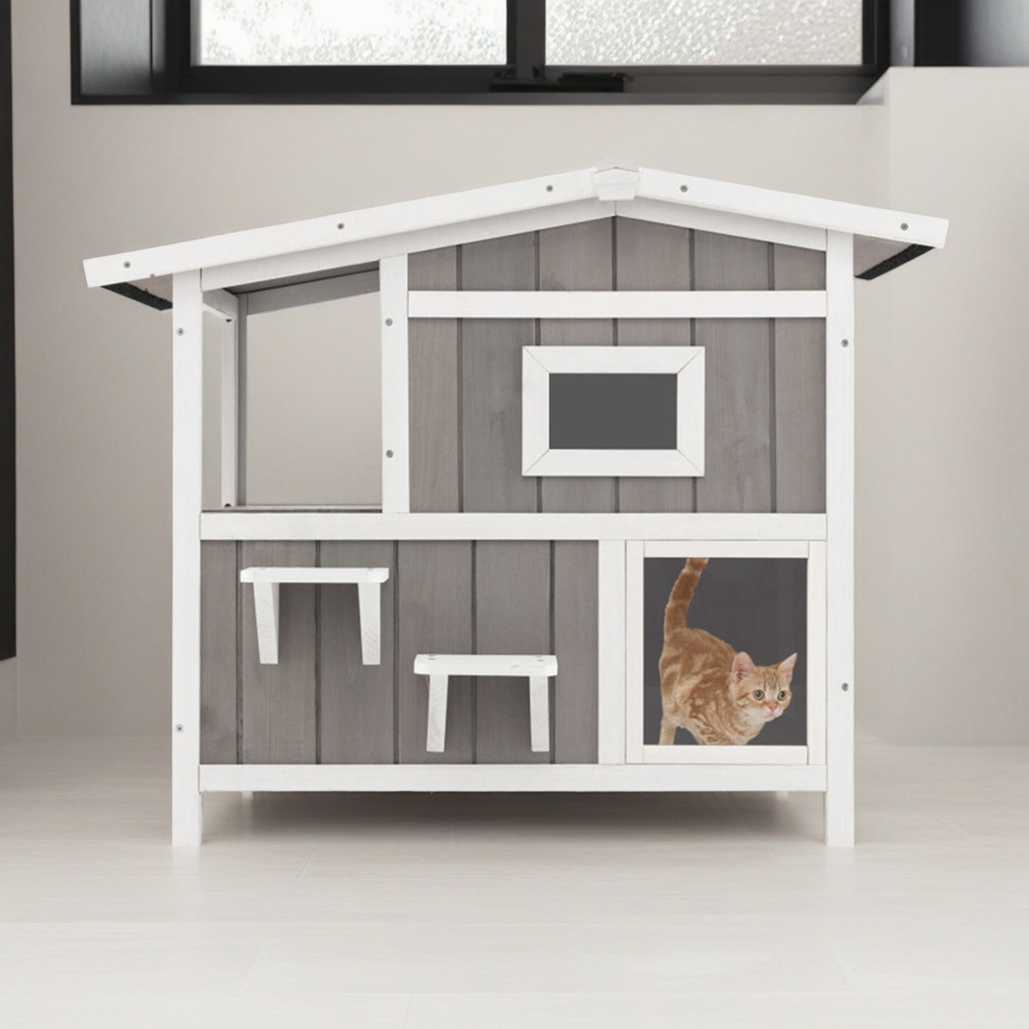 Pefilos 39" Outdoor Wooden Cat House with Escape Door, 2-Story Feral Cat Shelter Rainproof Outside Kitty Cat Condo, Gray