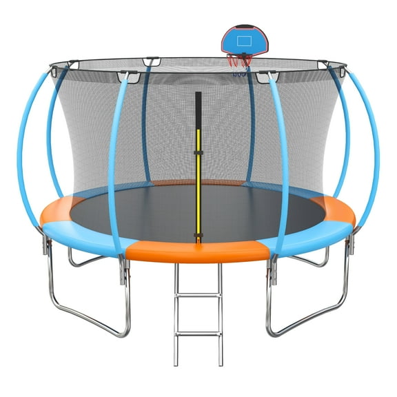 12FT Trampoline for Kids and Adults with Safe Enclosure Net, SEGMART Round Recreational Trampoline with Basketball Hoop, Upgrade Outdoor Trampoline with Ladder for Backyard Park, Orange