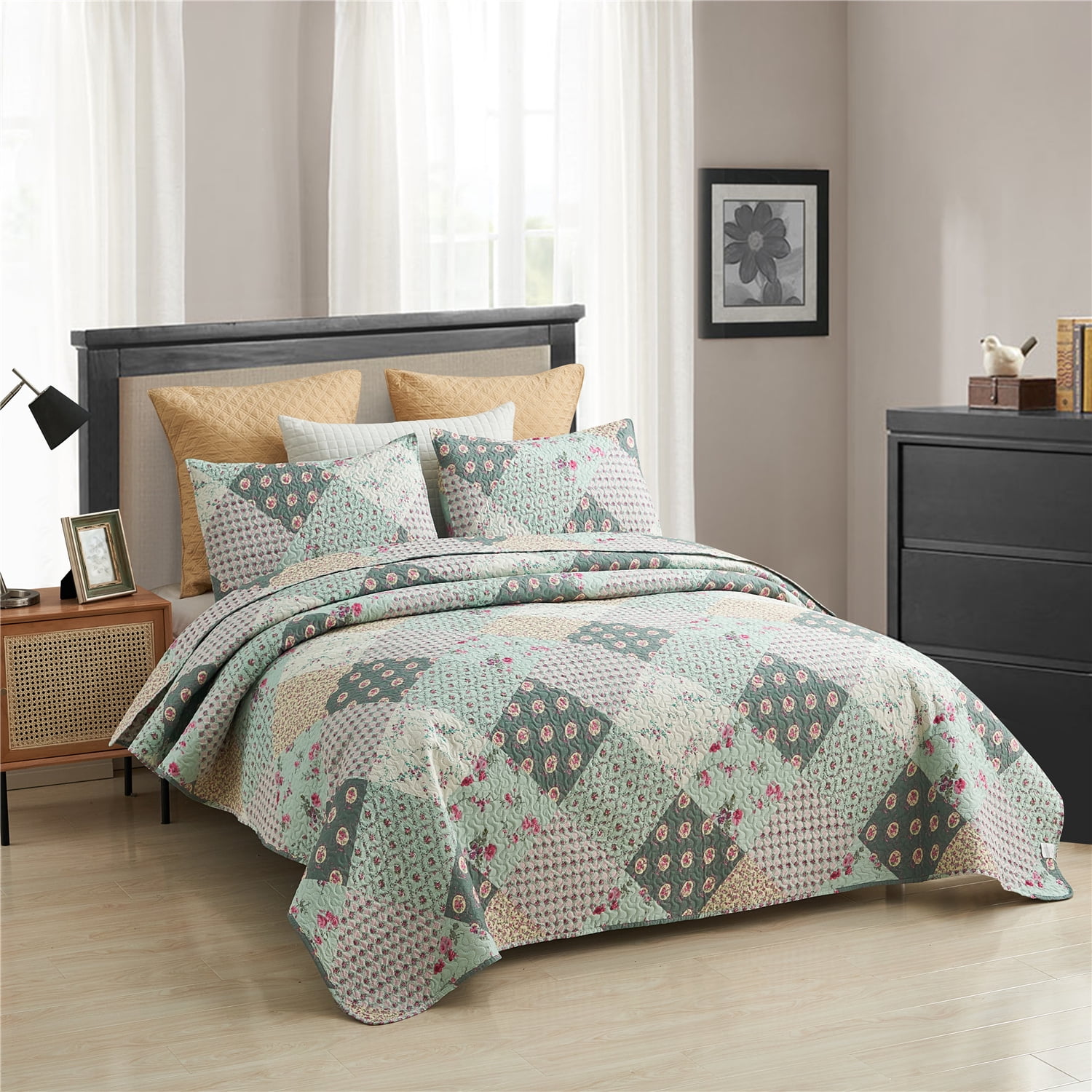 JML Quilt Set, Queen, Pastorale Green, 3 Piece