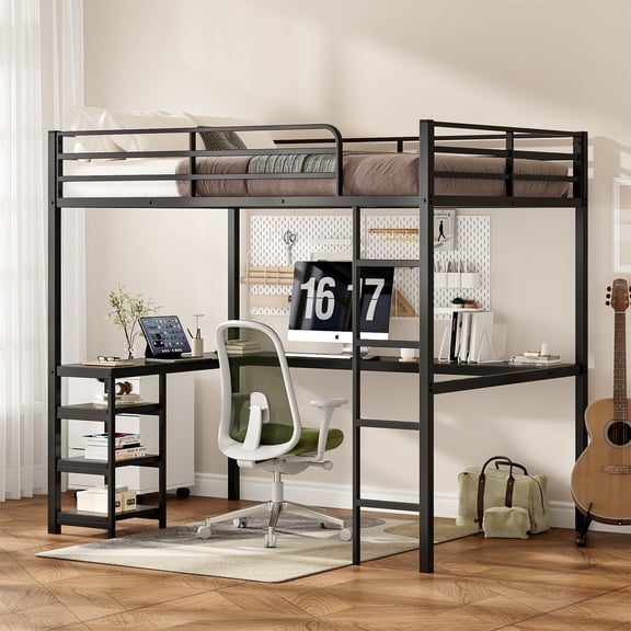 Alvantor Full Size Loft Bed Frame with L-Shaped Desk & Open Shelves, Heavy Duty Metal Bed Frame for Bedroom Black
