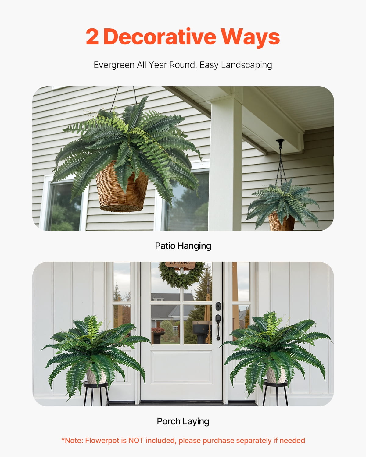 VEVOR Artificial Ferns 2 Pcs, Natural Spread Diameter 31-34 Inch, Large Hanging Artificial Boston Ferns, Fake Plant Wall Decor with 30 Branches, Faux Fern for Home and Office (Flowerpot Unincluded)