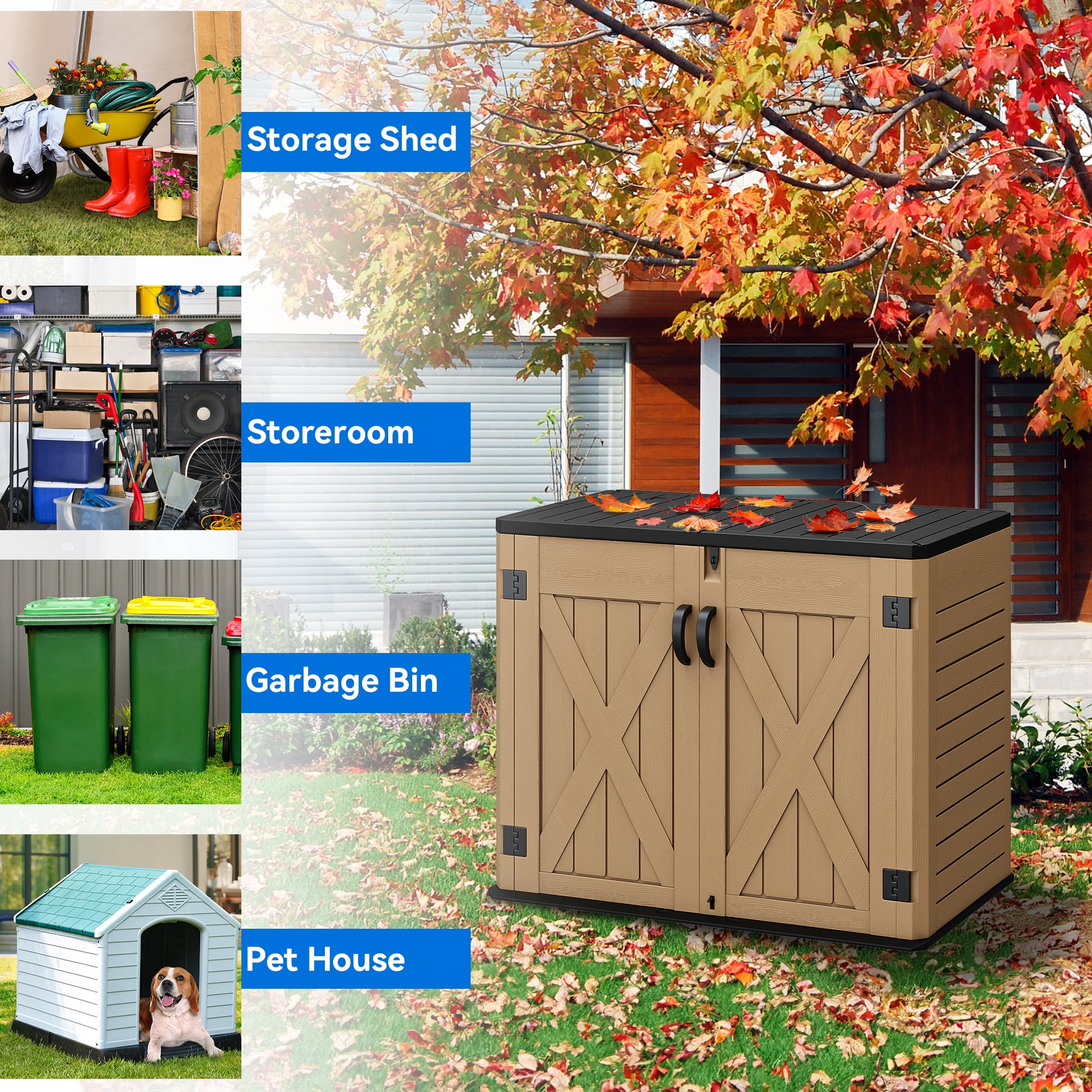 Outdoor Horizontal Storage Shed with X-Shaped Lockable Door, 35 Cu Ft Weather Resistant Resin Tool Shed