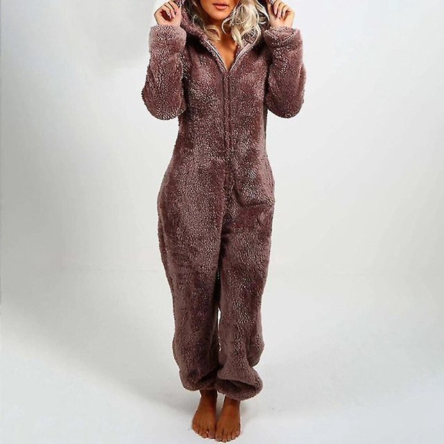 Moda para mujer Invierno Cálido Manga larga Mono de lana Pijamas Color sólido Cremallera Ropa para dormir en casa Pijamas con capucha de una pieza de felpa causal