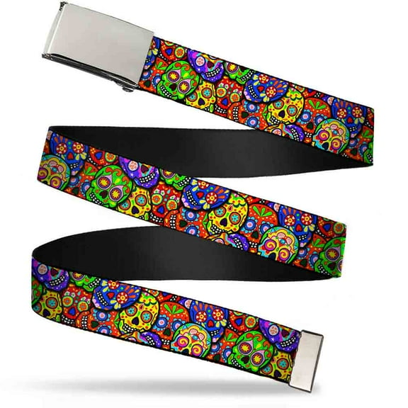 Adjustable Belt, Clamp Buckle, Cut-to-Fit, Colorful Calaveras Stacked Multi Color