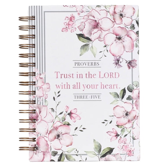 Christian Art Gifts Journal w/Scripture Trust In The Lord Proverbs 3:5 Bible Verse Pink Flowers 192 Ruled Pages, Large Hardcover Notebook, Wire Bound