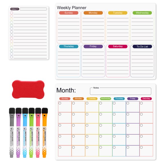 3 Set Magnetic Calendar, Dry Erase Whiteboard with 6 Markers and Eraser, Shopping List Notepad for Refrigerator