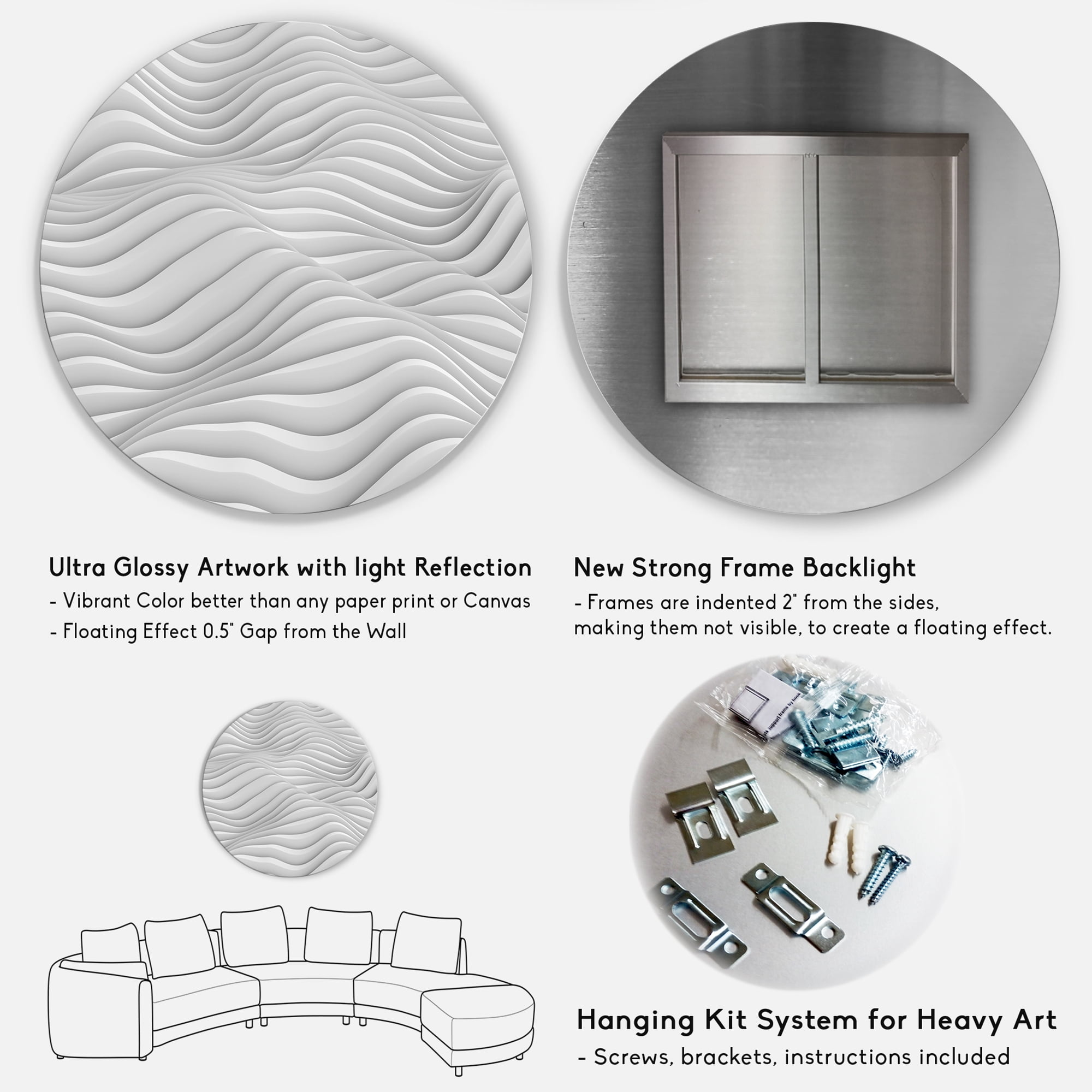 Designart 'Fractal Rippled White 3D Waves' Abstract Circle Metal Wall Art