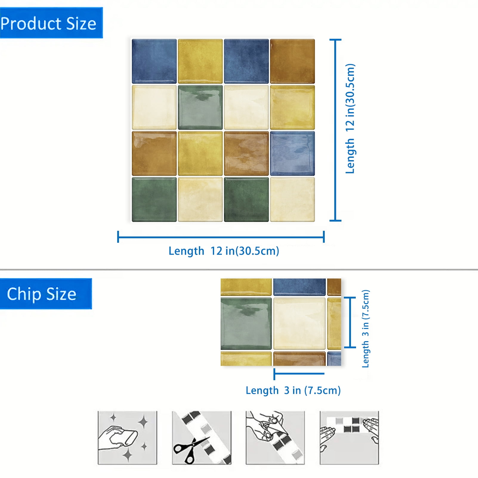 DEWOO Peel and Stick Backsplash Tiles Kitchen Bathroom Square Self Adhesive Wall Tile Checkerboard Checkered Stickers,Multicolor (10-Sheet, 12"×12")