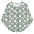 thumbnail image 4 of White Cartoon Flowers Women's V-Neck Blouse With 3/4 Ruffled Bell Sleeves Casual Top Ladies Blouses, 4 of 7
