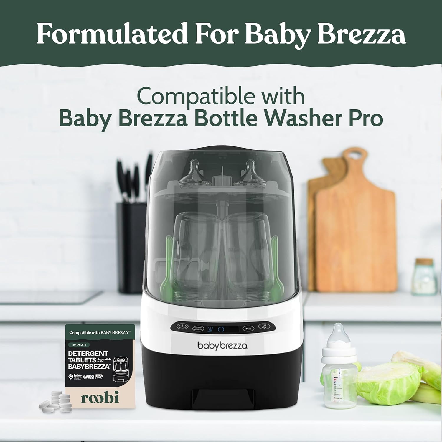 Detergent Tablets Compatible with Baby Brezza Bottle Washer Pro. Removes Milk Residue & Odor, Hypoallergenic Carbon Neutral Formula. 120 Count.