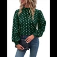 thumbnail image 2 of Camisa Informal Holgada de Larga con Estampado en Caliente para Mujer, Cuello Redondo Plisado Verde XL, 2 of 10