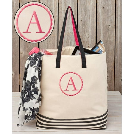 Oversized Canvas Monogram Zipper Top Tote with Striped Bottom