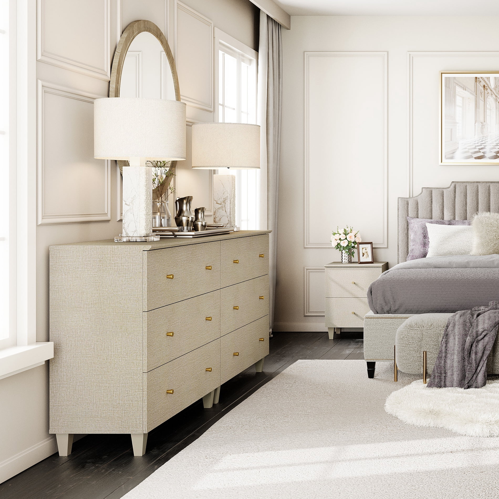 WAMPAT Dresser and Nightstand Set of 3, Wood Dressers with 6 Drawers, Nightstand with Charging Stations for Living Room, Beige Linen Printed