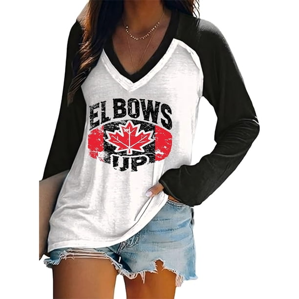 MHFRRA Camiseta Informal de Manga Larga con Cuello En V y Estampado Canadiense para Mujer Negro