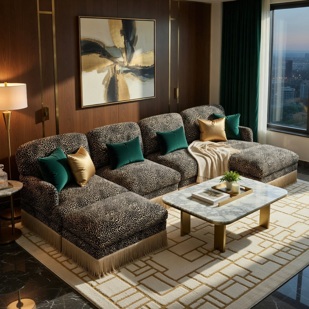 Hommoo 131" U-Shaped Modular Leopard Print Chenille Sofa Set with Tassel Trim, Movable Ottomans & Ergonomic Deep Seat Design, Living Room Sectional, khaki