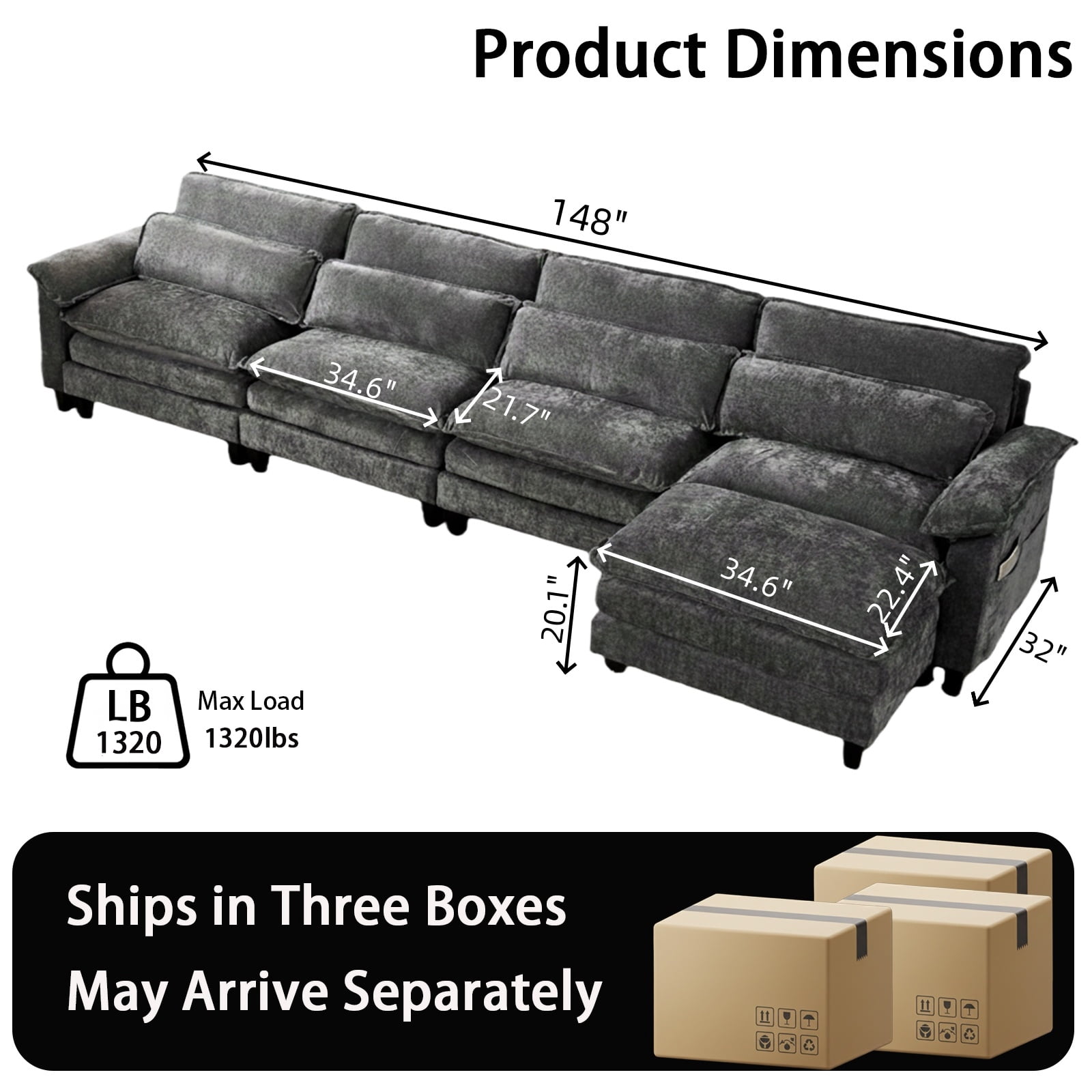 148'' Modular Sectional Sofa,L Shaped Couch with Movable Ottoman, Convertible Sectional Couches with Deep Seat, 4 Seat for Living Room Comfy Cloud Sofa with USB Side Pockets & Charging(Grey)