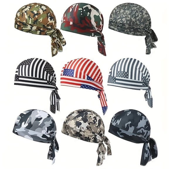 9Pcs Do Rags Sweat Wicking Skull Cap, Breathable Polyester Cycling Caps, Motorcycle Bandanas With Camouflage And American Flag Designs, Quick-Dry Headscarf for Outdoor Sports