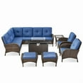 thumbnail image 3 of PARKWELL 8-Piece Outdoor Sectional Furniture Set with Fire Pit Table,Patio Wicker L Shaped Couch High Back Conversation Set with Armchair for Garden Yard,Brown Wicker Navy Cushion, 3 of 13