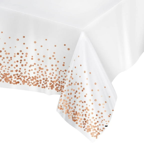 Prestee Rose Gold Plastic Table Cloth Disposable, 4 Pack - 54x108 Inch Rectangle Tablecloths for Wedding and Party - Heavy-Duty, Waterproof Table Covers - Pink and Gold, for Birthday or Fine Dining