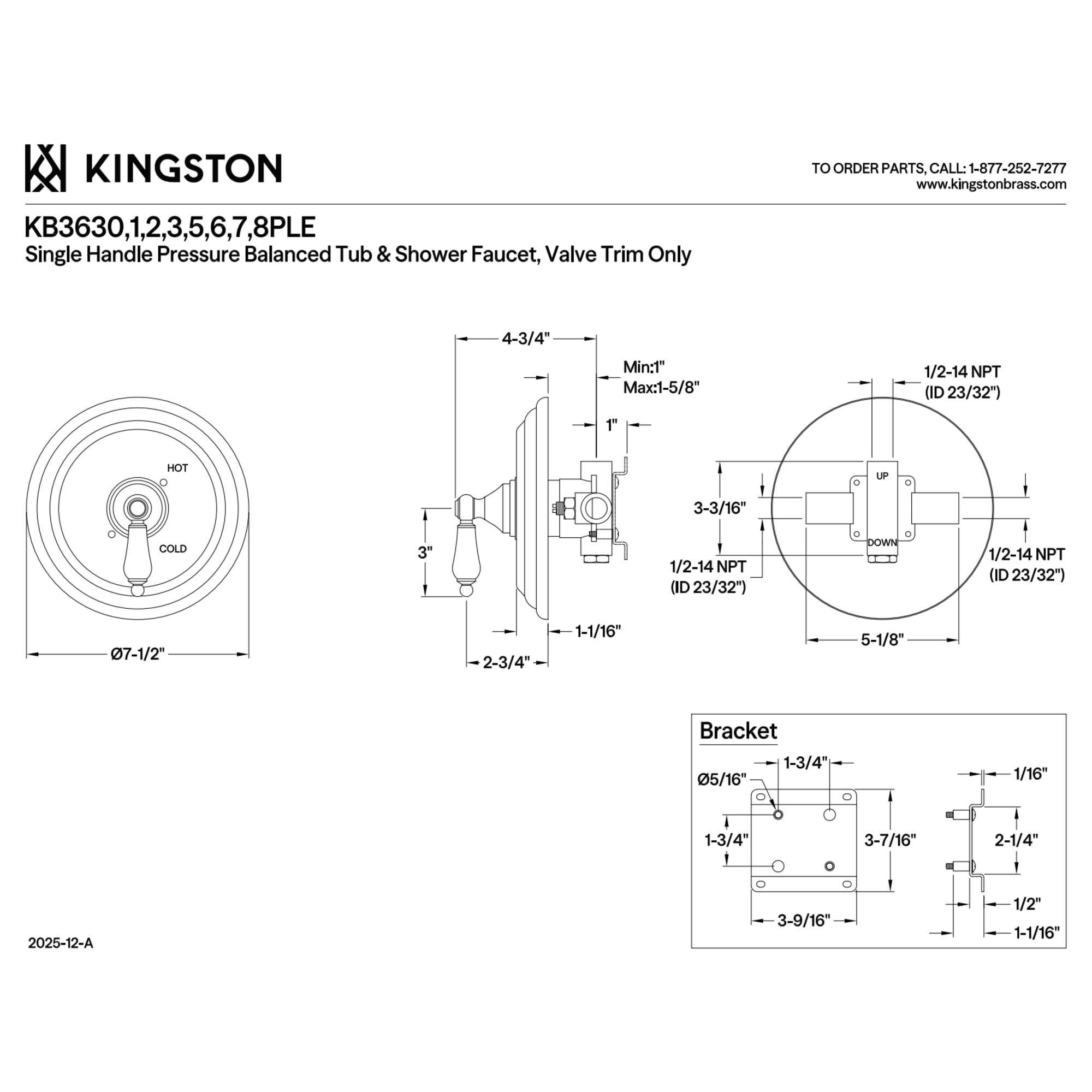 Kingston KB3630PLE Restoration Single-Handle Pressure Balanced Shower Valve and Trim Set - Valve Included in Matte Black