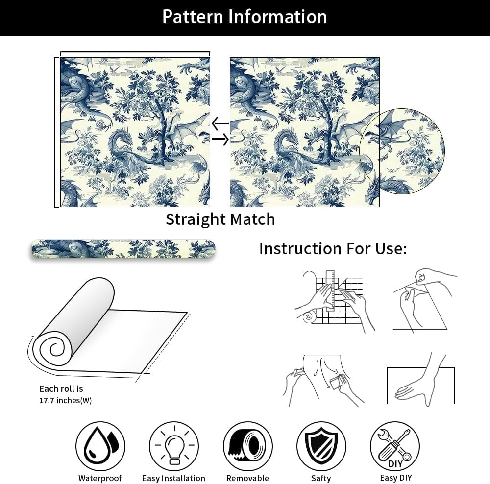 Wild Creature Dragon Light Yellow Blue Tree Peel and Stick Wallpaper Easy Peel Off Contact Paper Vintage Vinyl Self Adhesive Removable Stick on Wall Paper for Kitchen Cabinet Renter Friendly