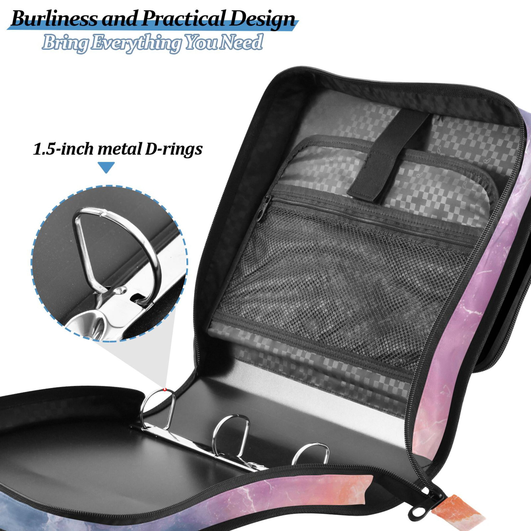3 Ring Zipper Binder with Shoulder Strap Waterproof Trapper Keeper 2 Inch D-Ring 500 Sheets Capacity Colorful Nebulae Marble