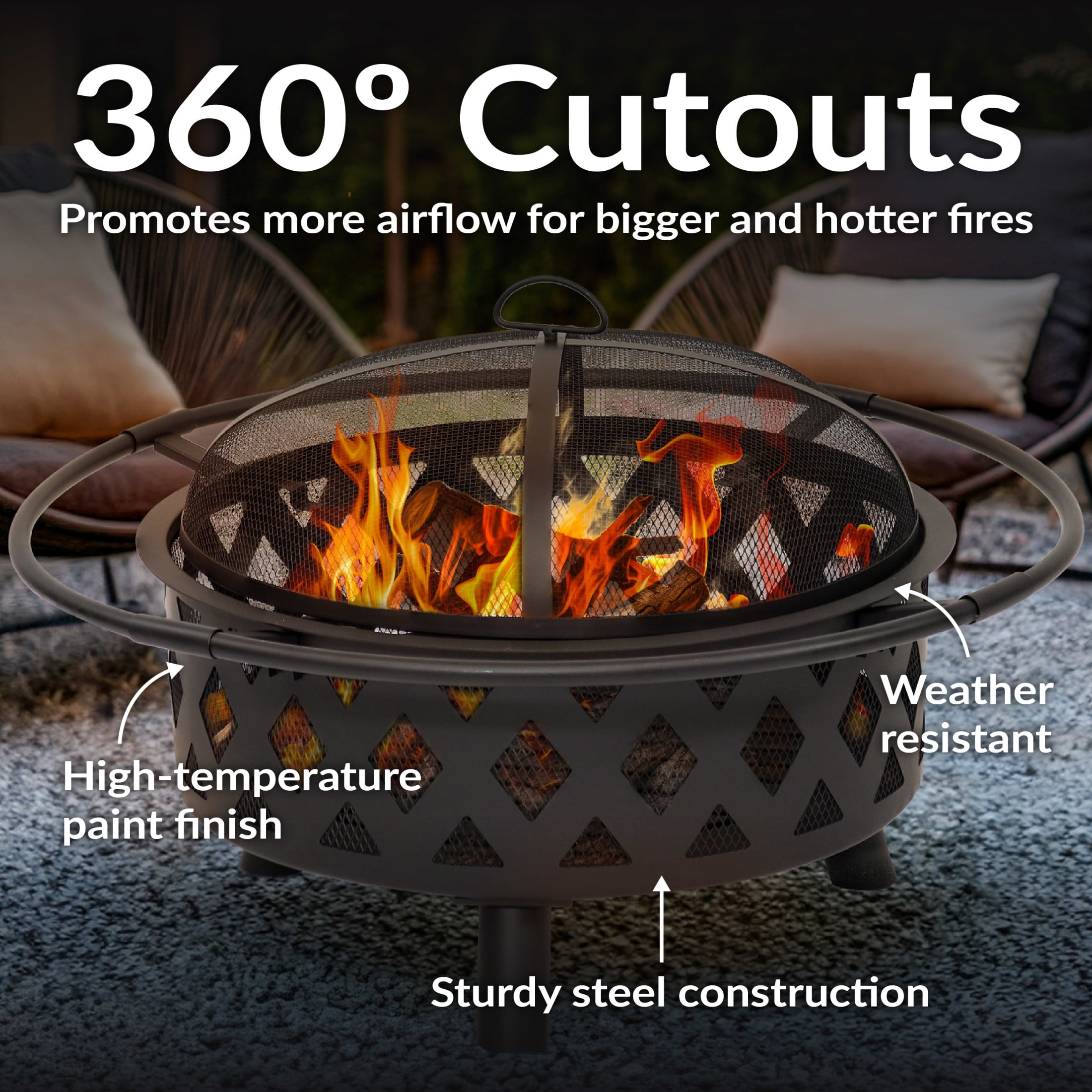 Sunnydaze Crossweave 30" Round Wood-Burning Black Finish Steel Outdoor Fire Pit with Screen
