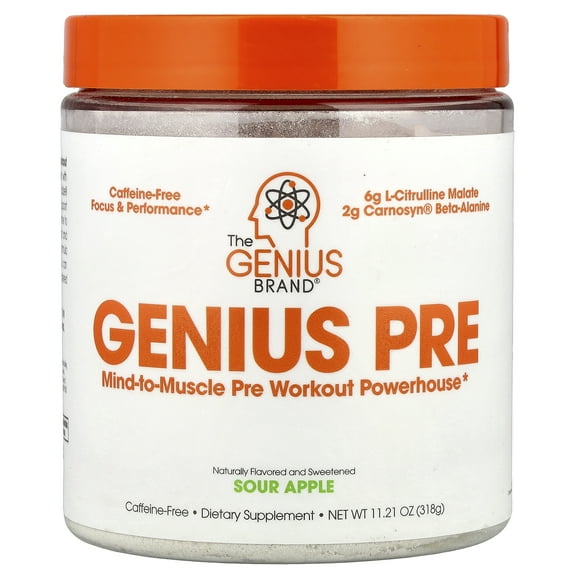 Pre-Workout Natural Energy Supplement Caffeine-free Nootropic Focus & Muscle Building Support, Sour Apple, Genius Pre by the Genius Brand