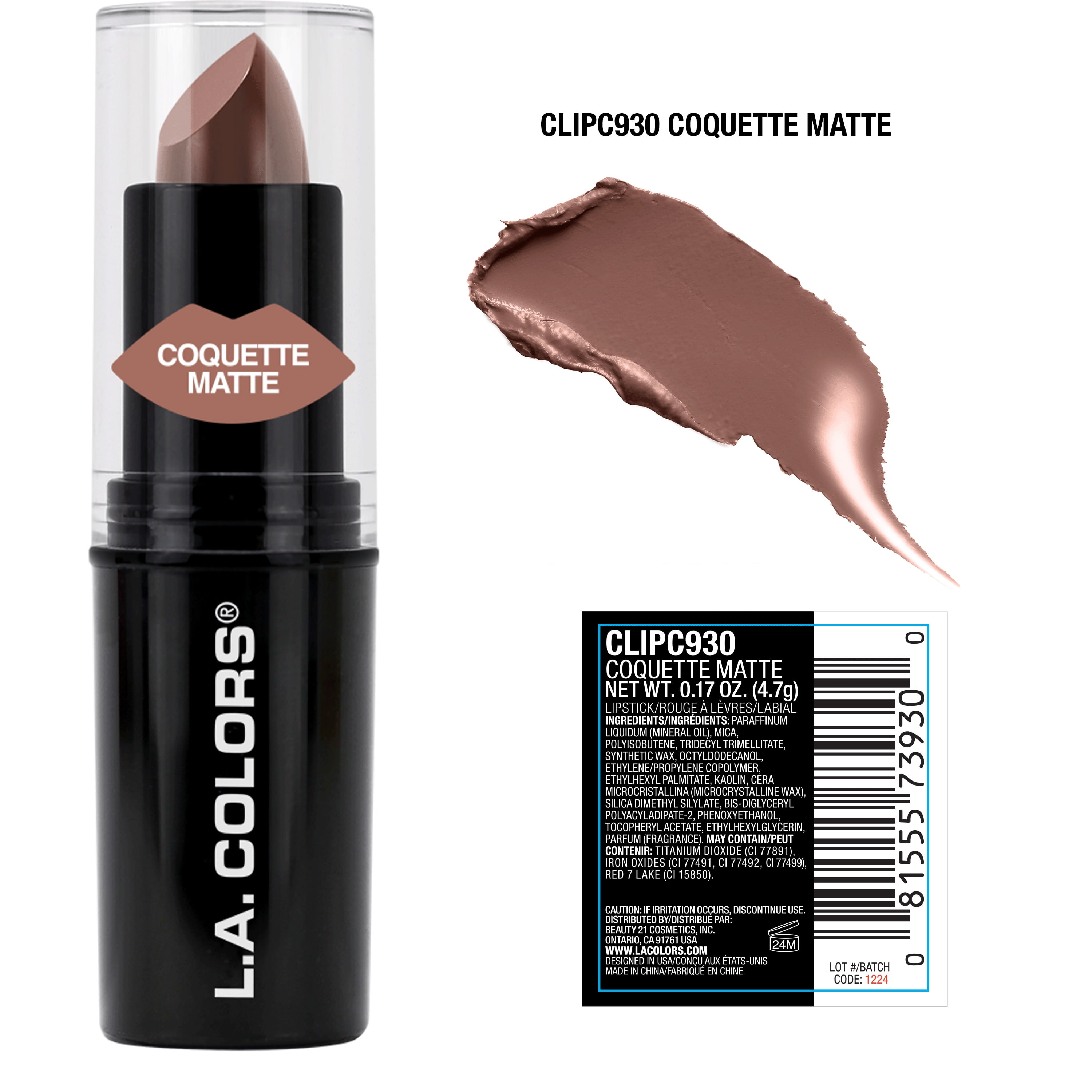 L.A. COLORS Long-Wearing Satin Finish Velvet Pout Chaser Lipstick, Coquette, 0.13 oz